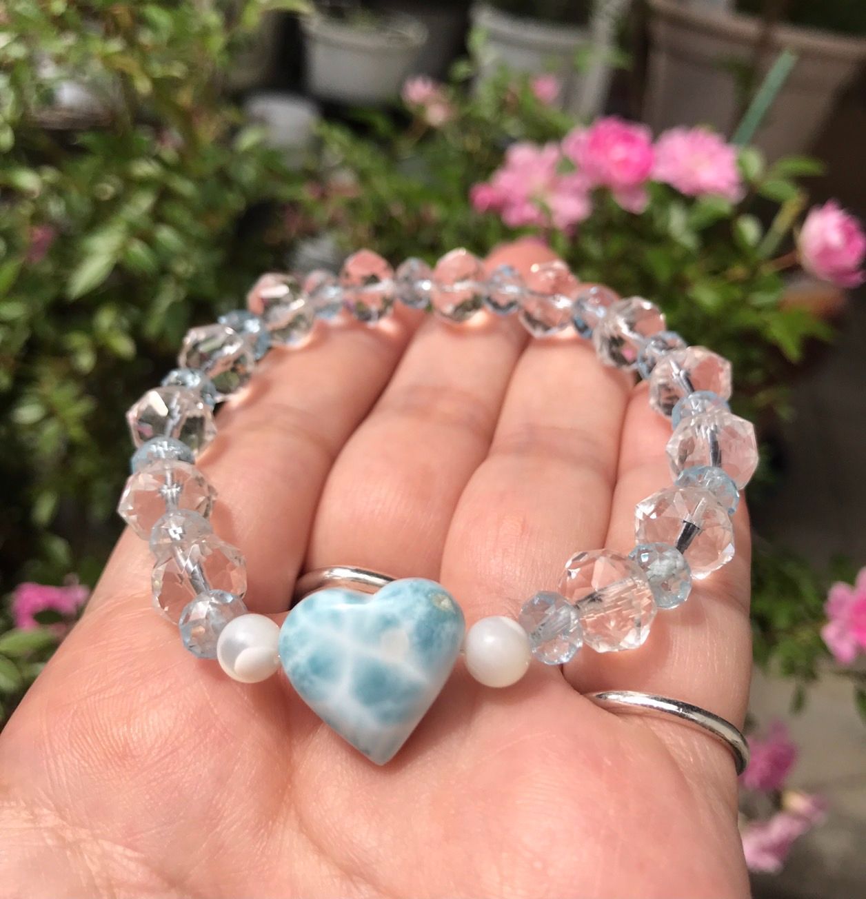 ラリマーハート-ブルートパーズ 水晶キラキラブレスレット