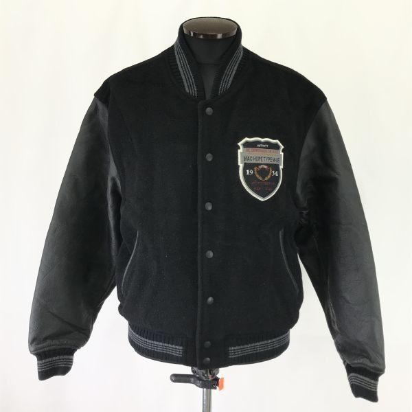 |Vintage マックホープ|MACHOPE 本牛革|レザー|袖革スタジャン メンズM|黒|black スタジアムジャンパー|Jacket|Jumper|Made in Japan◆cBH552<sale>