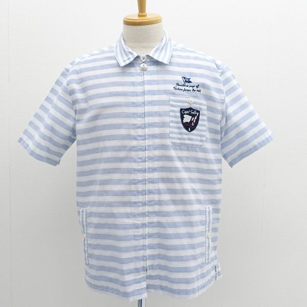 CAPRI BLUE /  カプリブルー 半袖シャツ/ジップアップ/ワッペン/ボーダー柄/ブルー/サイズ50  メンズファッション 