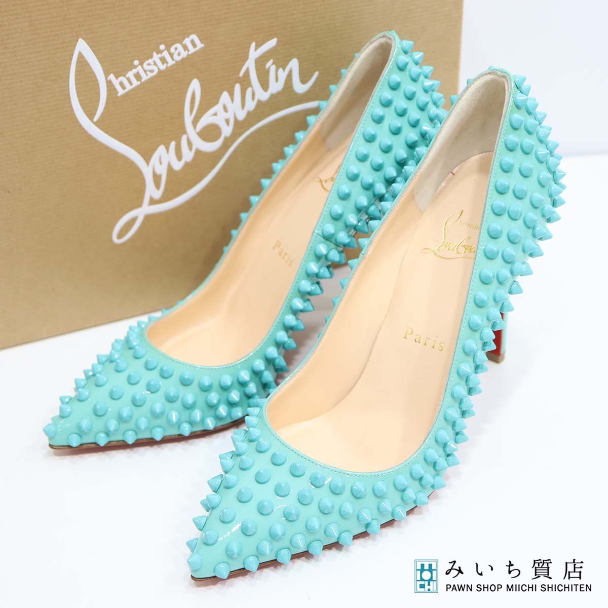 Christian Louboutin クリスチャン ルブタン スパイクスタッズ ハイヒール 37サイズ ブルー系 レディース 箱 保管袋 H12947