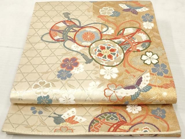 桂由美作 豪華袋帯金彩 赤糸の扇子模様 さくら柄 織り柄 全通 正絹YO-464 最高ファッション - 正絹 六通柄袋帯 豪華金銀糸唐織