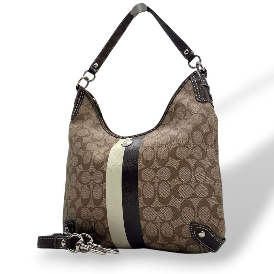 COACH　ハンドバッグ コーチ ショルダーバッグ 茶 シグネチャー ストライプ PVC 2way