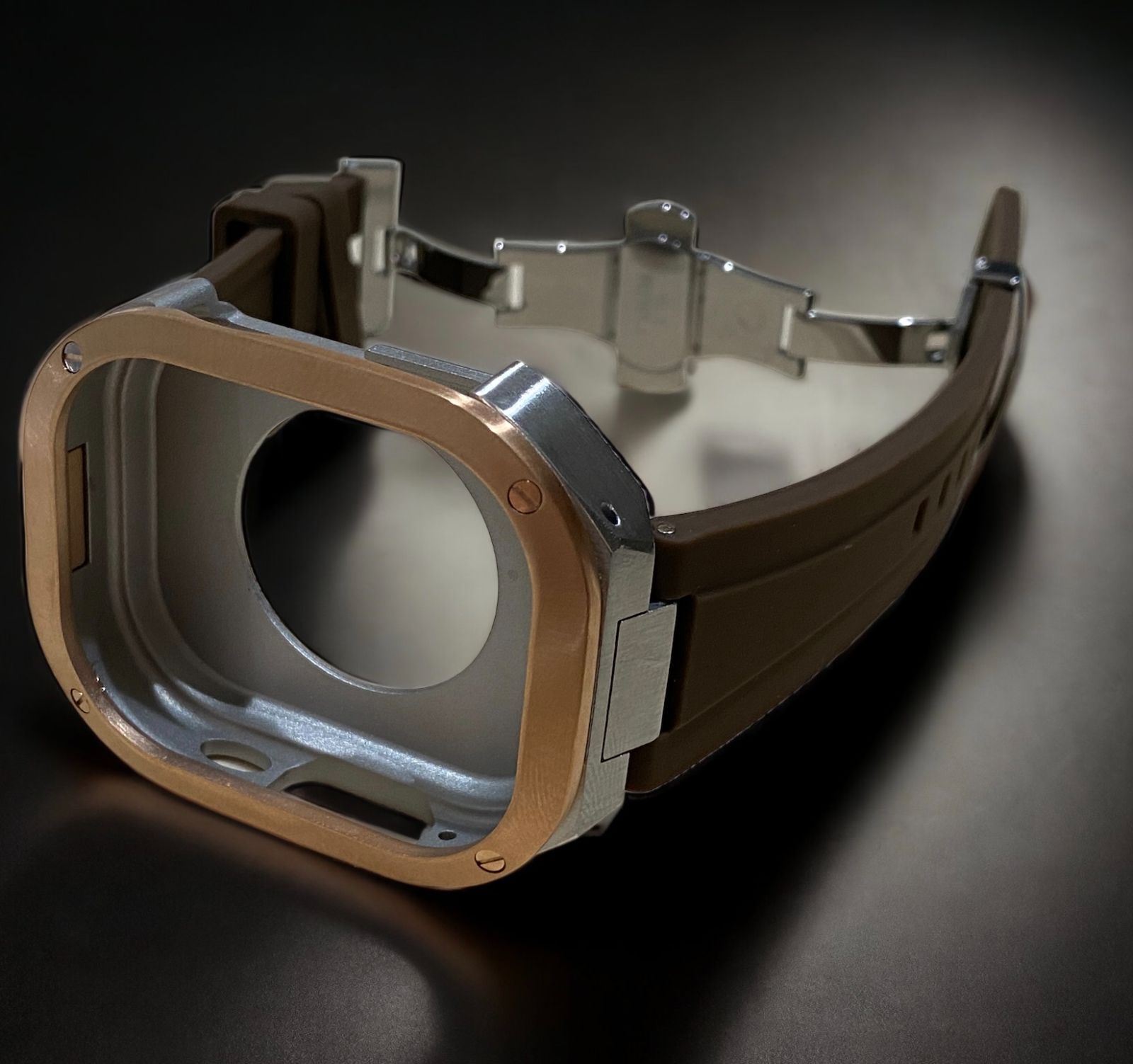 ブラウン×ローズゴールドシルバー 49mm apple watch ultraアップルウォッチラバーメタルカバーセット ウルトラ 49ミリ用 カスタム ultra2