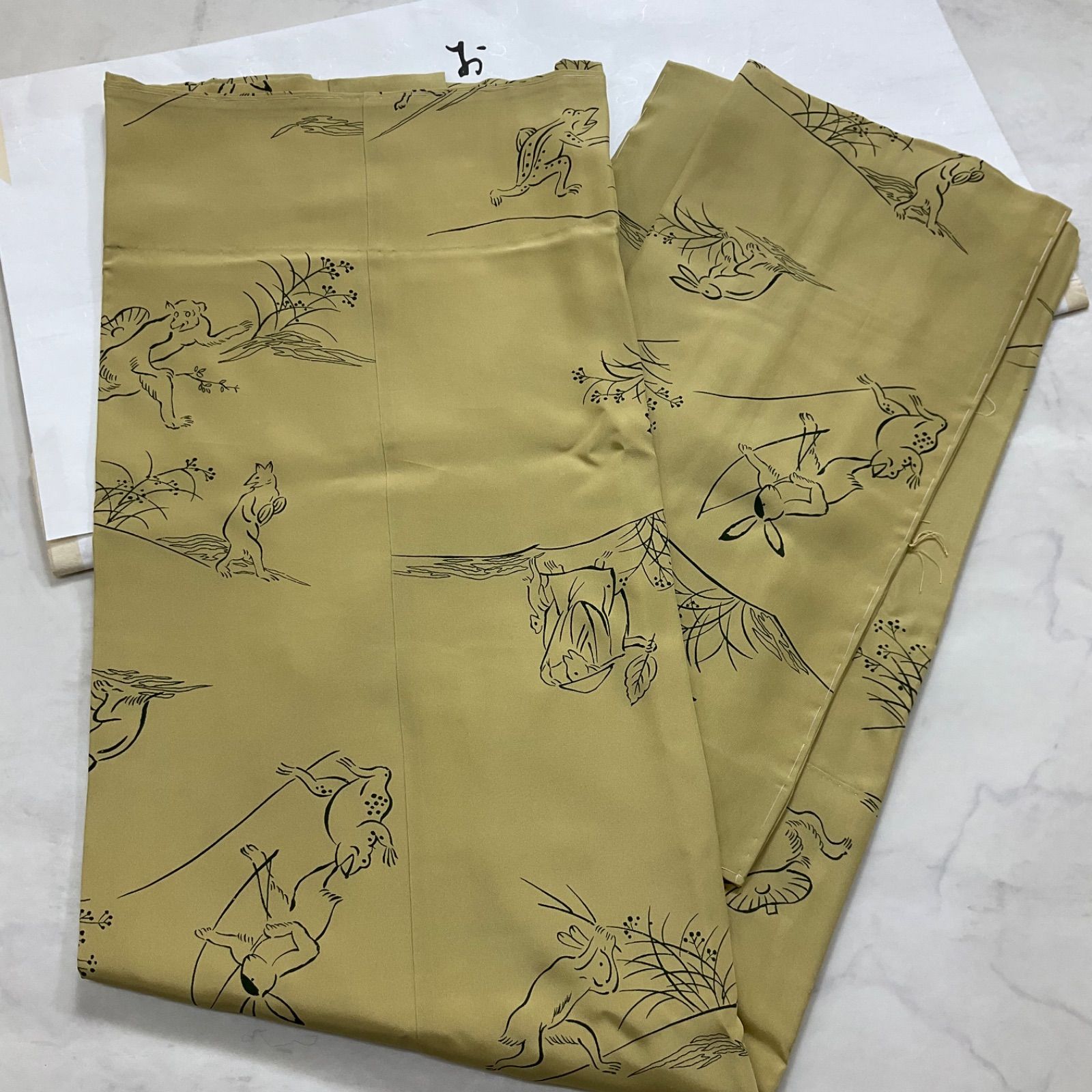 one◆ 同然◆長襦袢◆仕付け糸付き◆鳥獣戯画◆正絹◆単衣◆袖無双◆白半衿付き◆東京ますいわ屋◆はればれ加工◆居敷当て付き◆日本和裁技術院◆裄64.5肩丈121.5◆小紋紬附下訪問着留袖袷単衣夏着物◆K1224