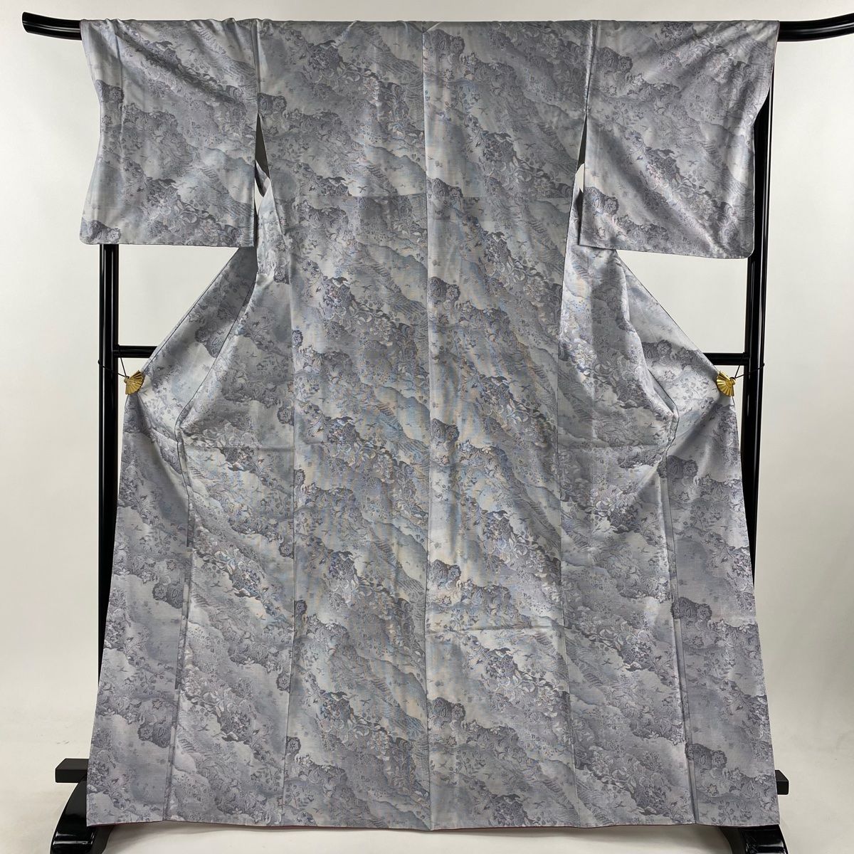 紬 身丈163cm 裄丈65.5cm M 袷 麻の葉 縞 黒灰 正絹 美品 秀品