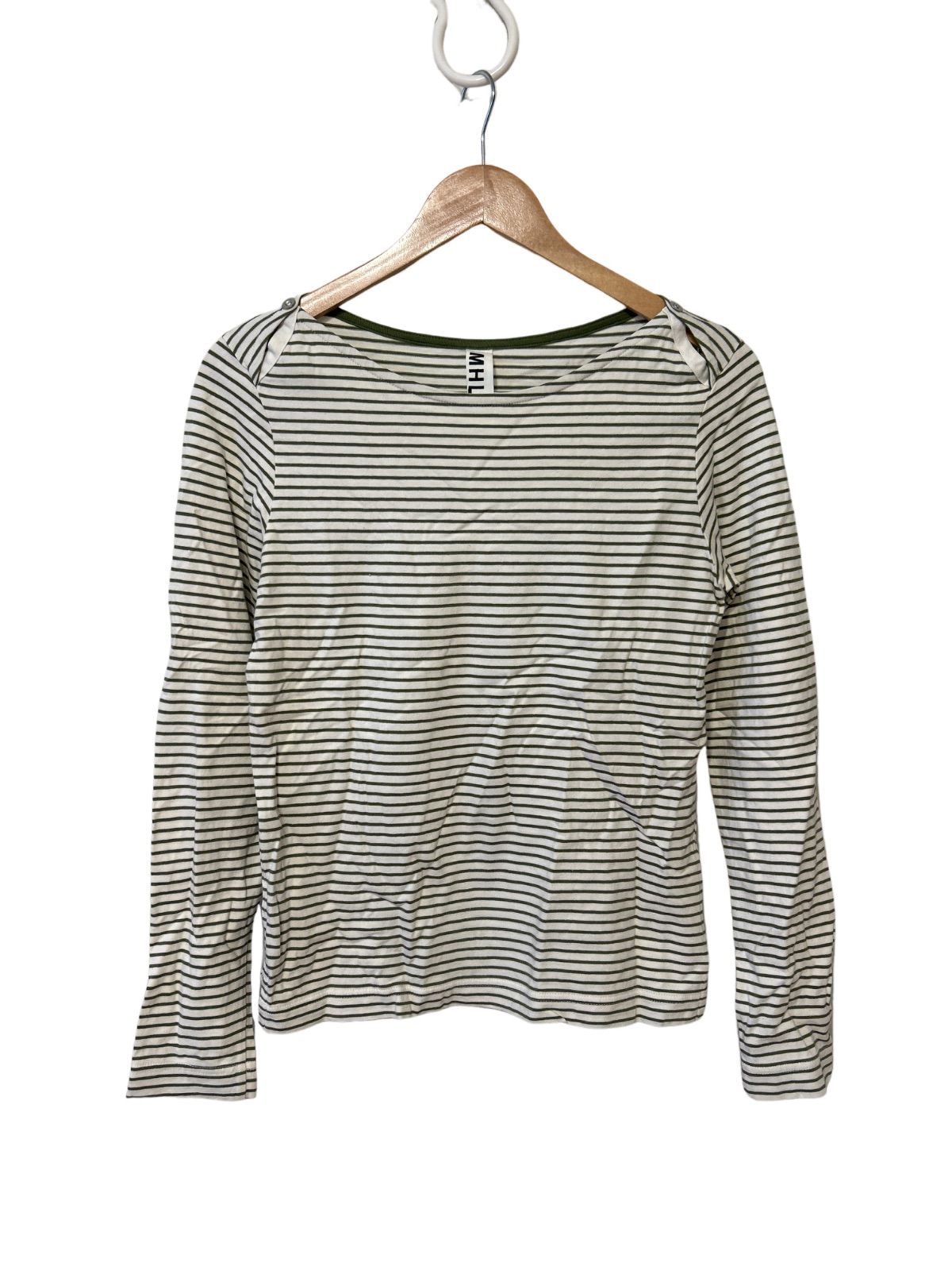 美品  MHL ロンT 長袖カットソー ボーダー レディース Tシャツ 長袖 女性用 ボーダー柄 長袖Tシャツ ゆったり マリン