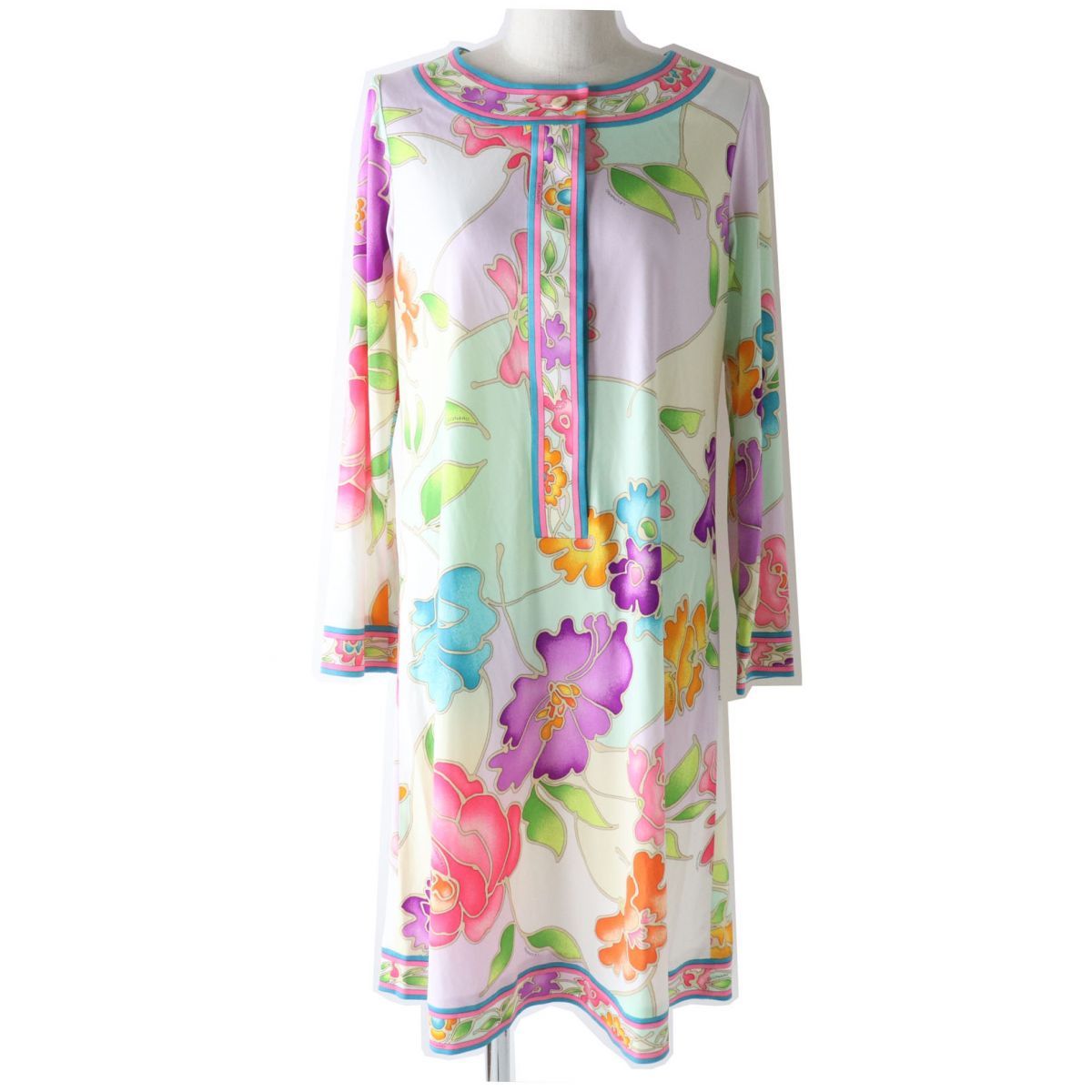 LEONARD FASHION レオナール ファッション 花柄デザイン 長袖 ワンピース ホワイト×マルチ M レディース