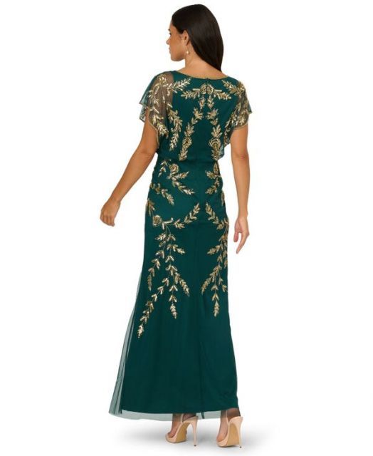アドリアナ パペル レディース ワンピース トップス Papell Studio Women s Beaded Flutter-Sleeve Blouson Gown GREEN GOLD