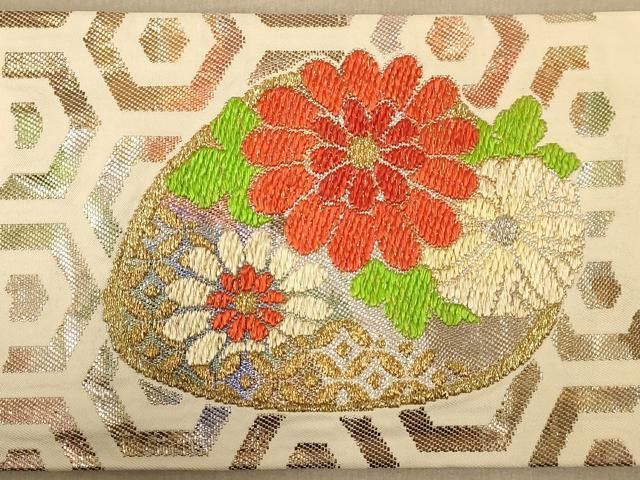 平和屋着物○九寸名古屋帯 型染め 花丸文 鬼しぼ縮緬 正絹