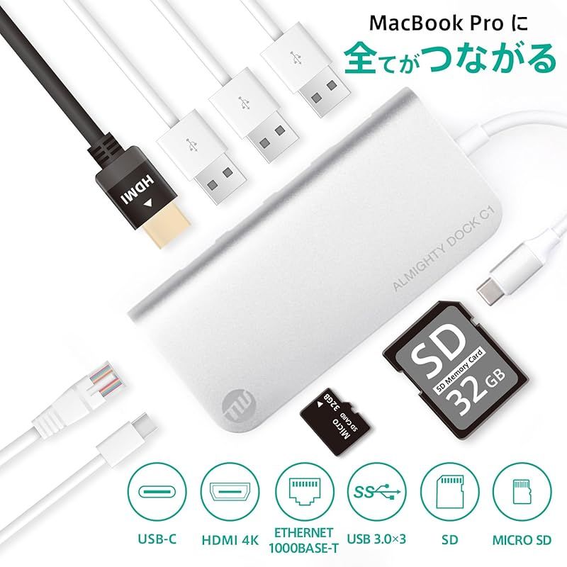 TUNEWEAR ALMIGHTY DOCK C1 マルチUSB-Cハブ Ethernet HDMI 4K PD対応 シルバー TUN-OT-000027 0