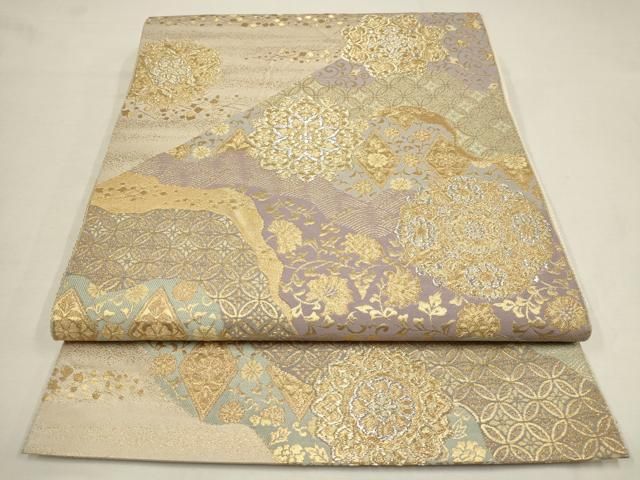西陣　服部織物　きりばめ　金糸　吉祥模様　刺繍　袋帯　ブルーベース 西陣 服部織物 きりばめ 金糸 吉祥模様 刺繍 袋帯 ブルーベース