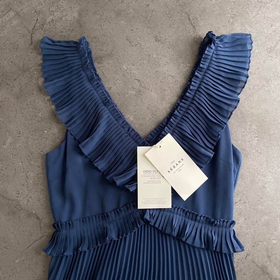 80 セザンヌ SEZANE フリル プリーツ ロング ワンピース 34 お呼ばれ デート オフィスカジュアル 食事会 dress ドレス 可愛い