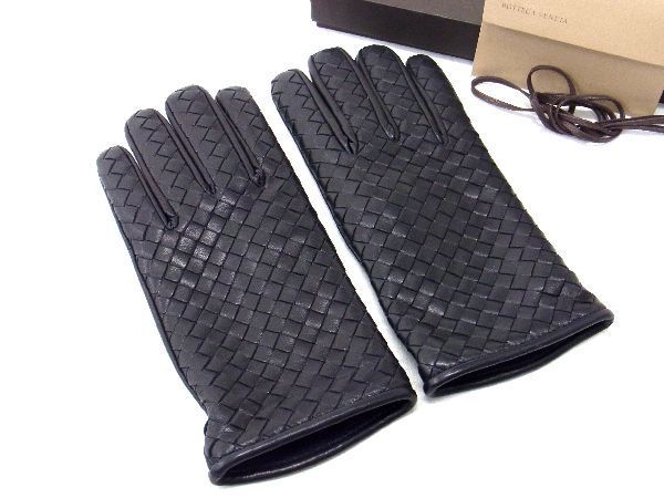 BOTTEGA VENETA ボッテガヴェネタ イントレチャート レザー グローブ 手袋 防寒具 表記サイズ 80 メンズ ブラック系 AN2671