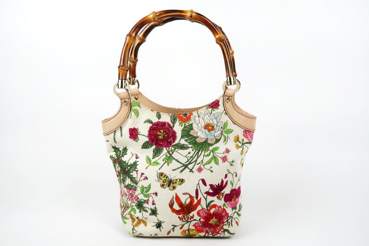 正規品　GUCCI グッチ フローラ　バンブー　ハンドバッグ 140203 正規品 GUCCI グッチ フローラ バンブー ハンドバッグ 140203