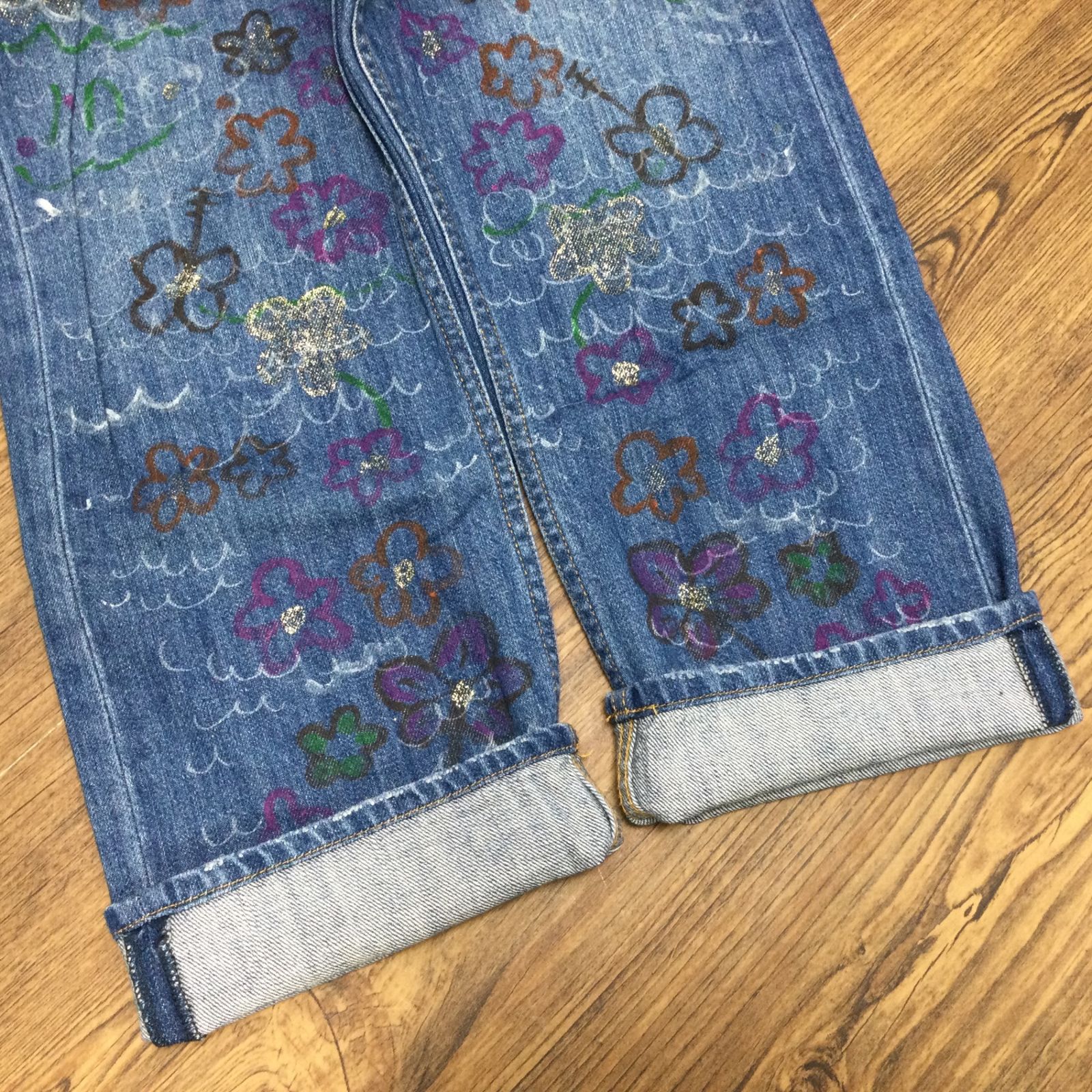 Vintage「Tsumori Chisato」SILVER Paint デニム ツモリチサト デニム ジーンズ パンツ 刺繍 ステッチ ハート レース 1