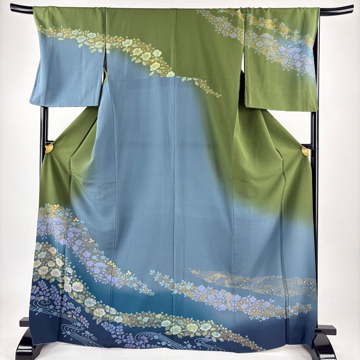 訪問着 身丈170cm 裄丈68.5cm L 袷 草花 流水 金彩 染め分け 青灰色 正絹 名品