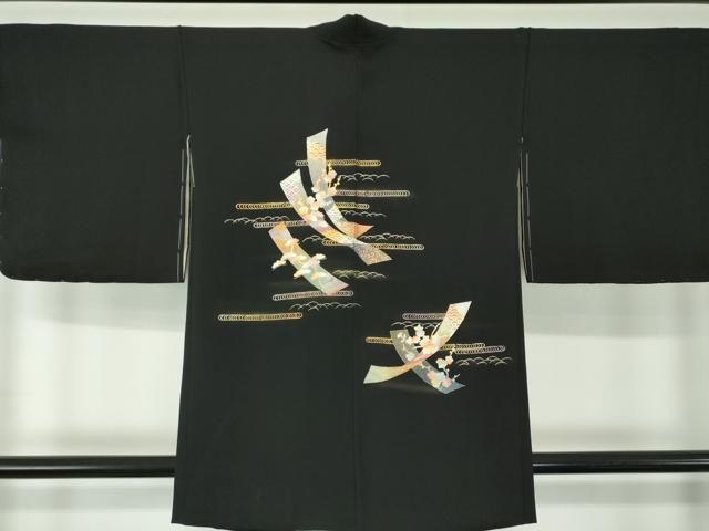 平和屋着物●金彩友禅 卓越技能者 名工 和田光正 羽織 吉祥短冊花文 黒地 金銀彩 正絹 ♥ DAAX4506ps