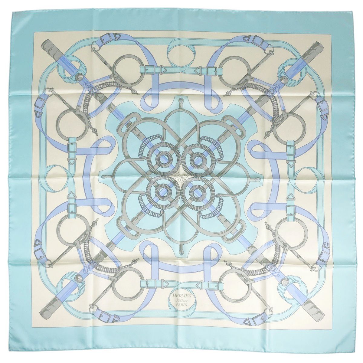 エルメス HERMES カレ 90 Eperon d or Tellier 黄金の拍車 馬具 スカーフ シルク ライトブルー レディース