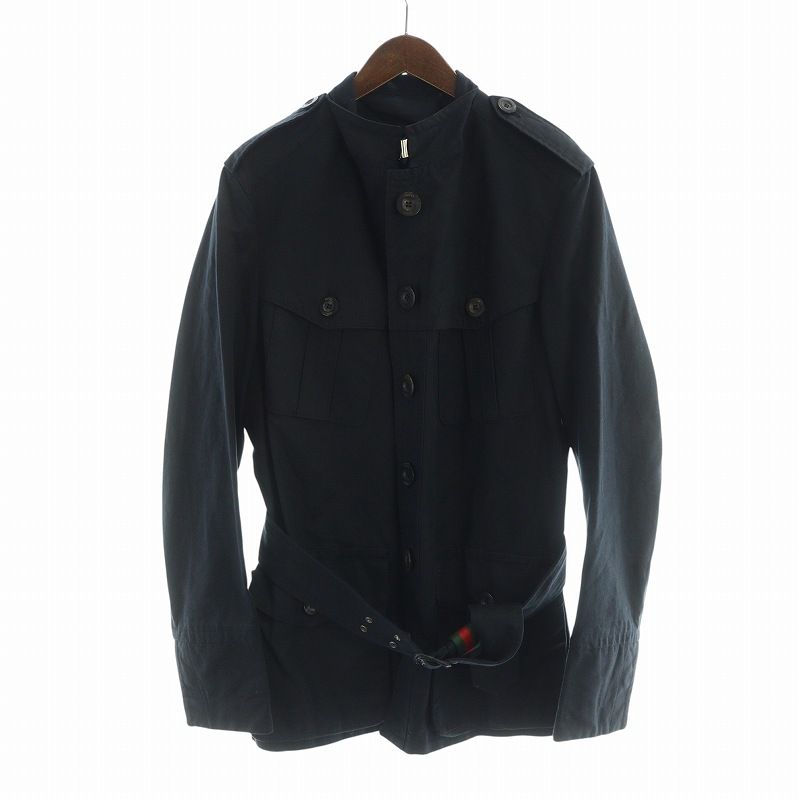 グッチ GUCCI トレンチコート ミドル スタンド 長袖 ロゴ 48 M 黒 ブラック GY18 |MQ