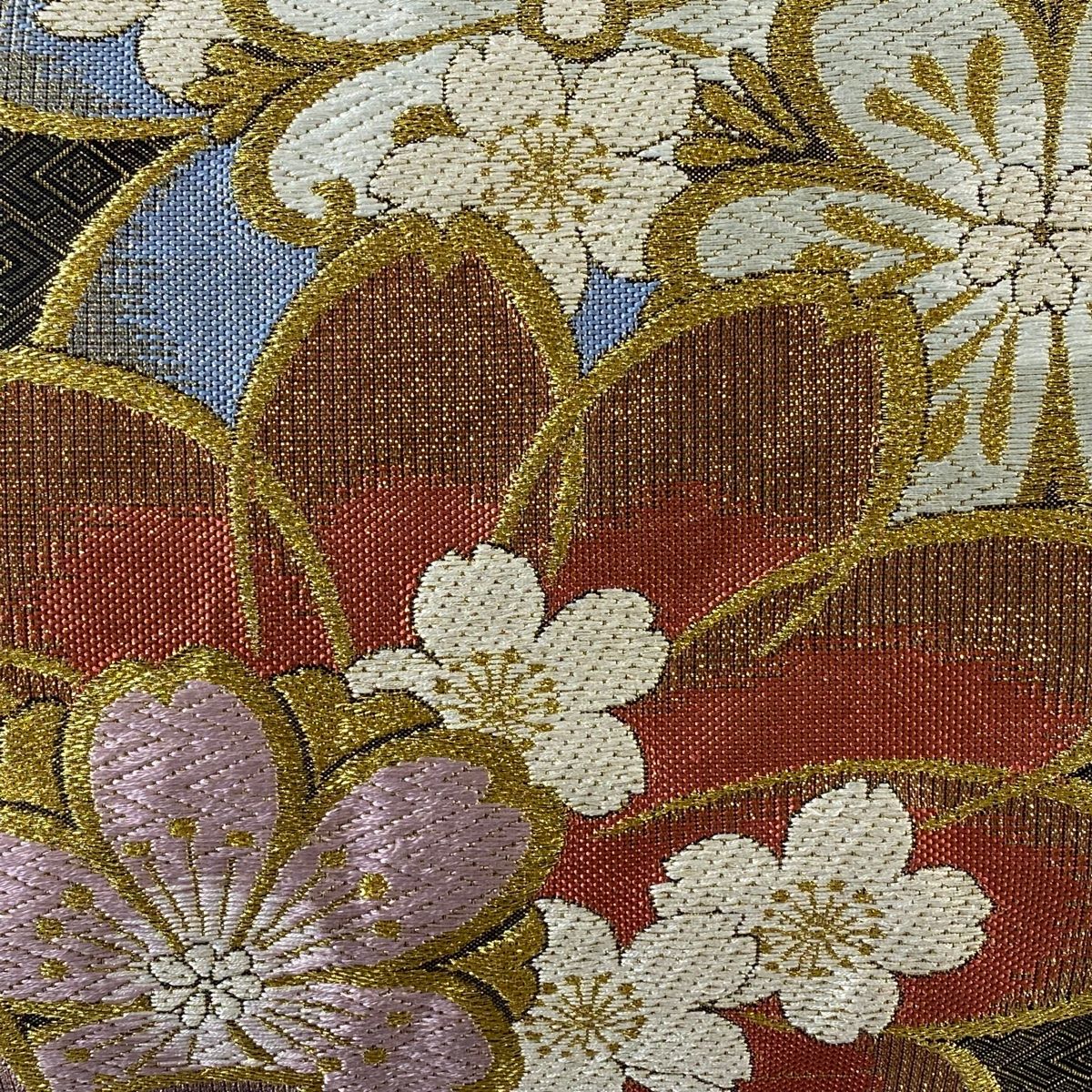 袋帯 秀品 振袖向き 桜 菱 箔 金糸 金茶 六通 正絹 【中古
