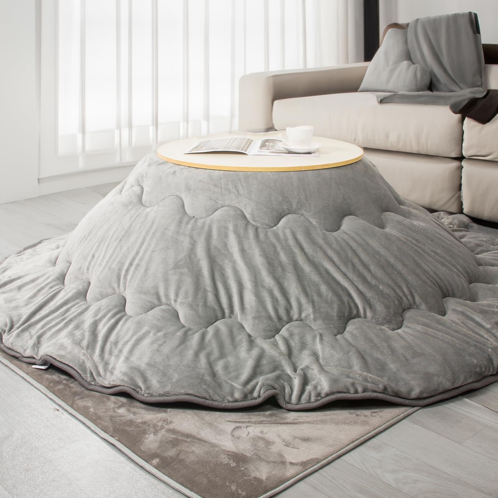 丸い 薄掛け こたつ布団 正方形 フランネル こたつ掛け布団 こたつふとん 掛け布団 薄掛けこたつ布団 丸型 暖かい 炬燵用布団 円形 省スペース シンプル 無地 Peto-Raifu グレー 直径約205cm