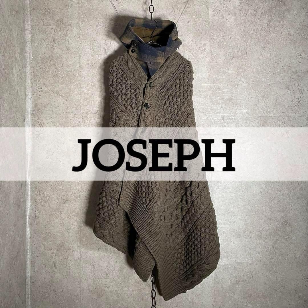 JOSEPH ウールカシミヤ フィッシャーマン ケーブルニット ポンチョ 外套 フード チェック カーキブラウン系 レディース サイズM