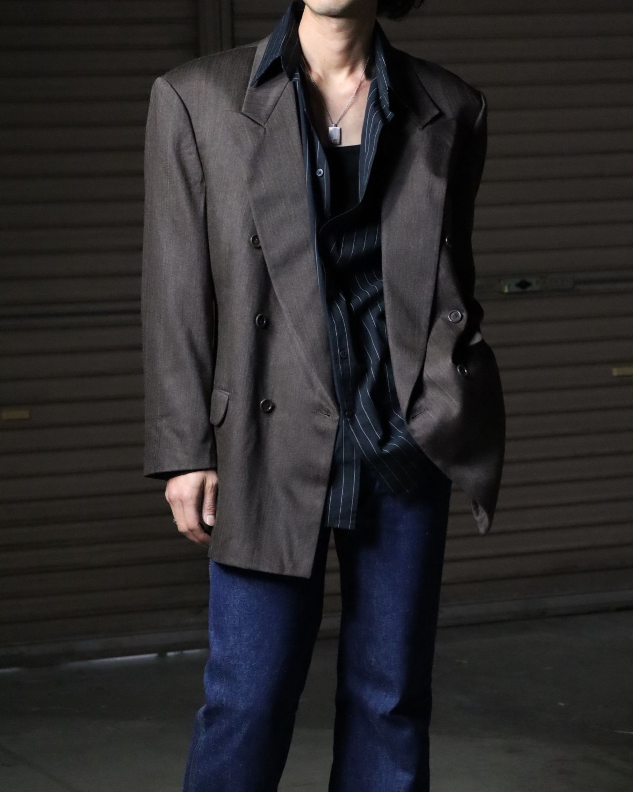 USA made jacquard stripe double breasted tailored jacket USA製 80s 