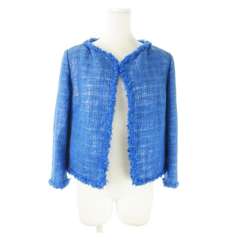 美品★ルシェルブルー　シルク混ツイードジャケット　ノーカラー　紺色　フリンジ　L 美品☆ルシェルブルー シルク混ツイードジャケット ノーカラー