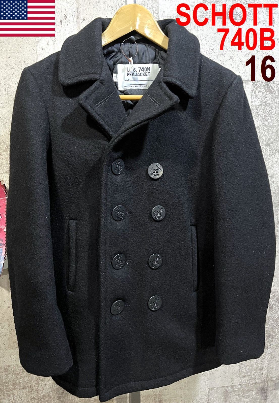 ショットピーコート　740Bブラック　サイズ16 Schott [ショット] 740B (BOY'S) Wool Double P-Coat-Jalana