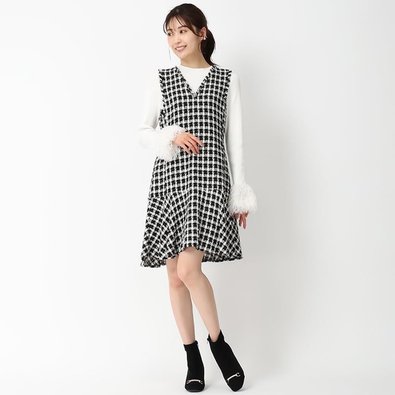 ミッシュマッシュ ジャンパースカート ミニワンピース ワンピース ツイード ノースリーブ レイヤード 美シルエット ポケット付き レディース BLACK