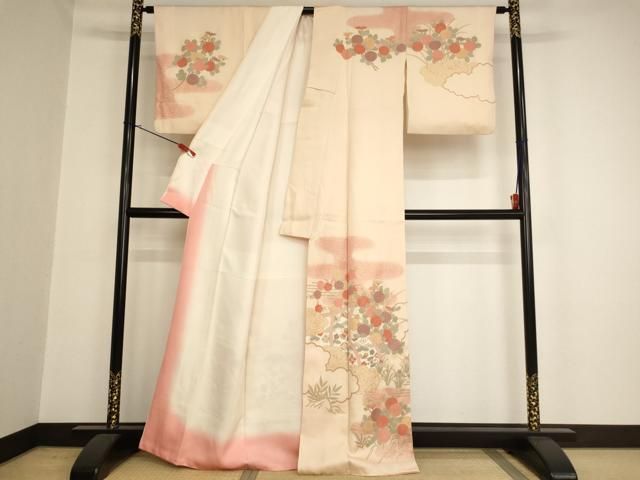 平和屋着物▽訪問着　単衣　作家物　手描き　枝花文　暈し染め　正絹　逸品　未使用　AAAW7802fy 平和屋着物▽訪問着 単衣 作家物 手描き 枝花文 暈し