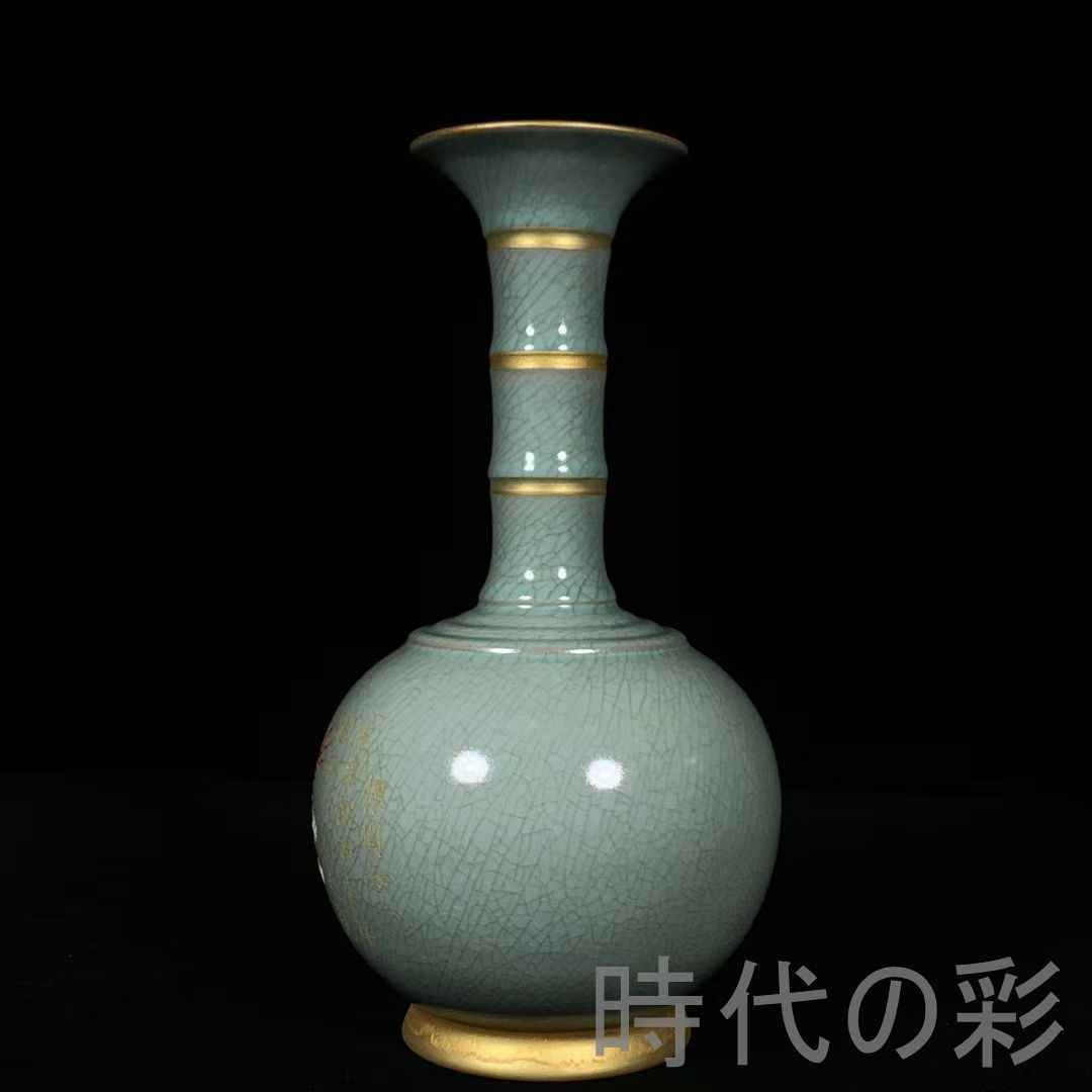 中国古美術 宋代 汝窯 銘文彩絵 龍文 竹節瓶 花瓶 文房置物 茶道具 青磁 古陶磁器 旧蔵 古賞物 古玩 時代物 R0710110110