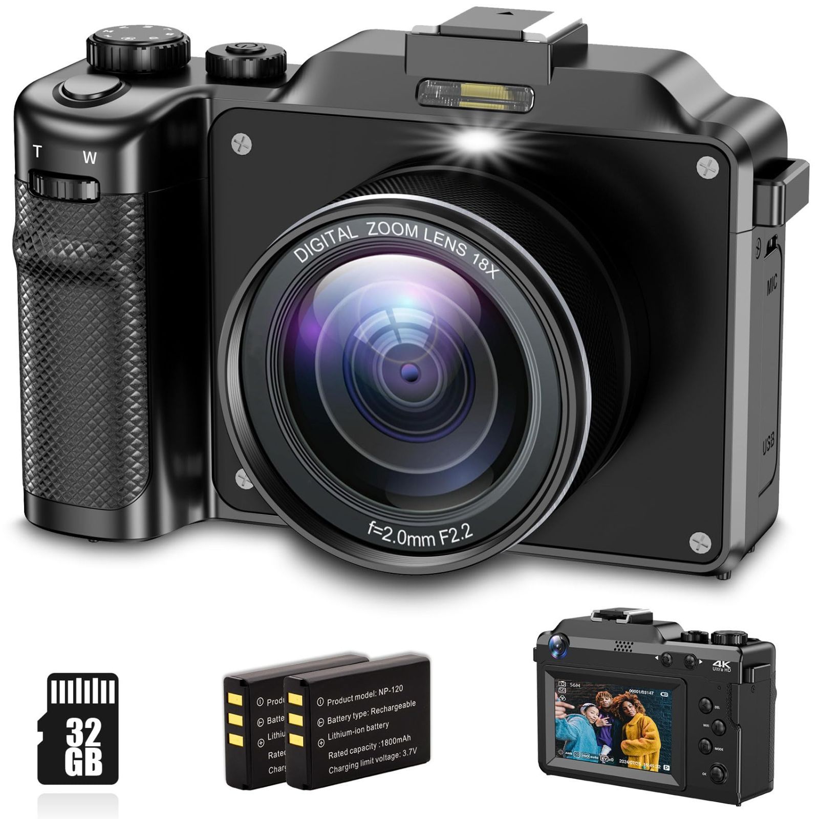 4Kデジタルカメラ デジカメ 4K動画撮影 6400万画素 オートフォーカス 2つの電池 デュアルレンズ 3.0インチ大画面 セルフィーをサポート 18倍ズーム 修学旅行 学生 軽量 32GBメモリーカード付属