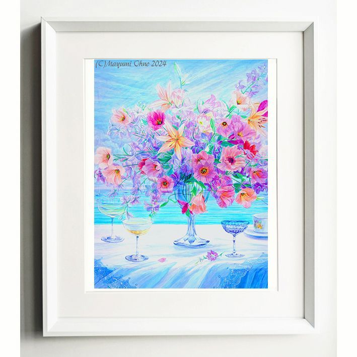 額装絵画 アメリカで版画化 花の絵 花 フラワー 版画 ブルー ピンク ラベンダー 青 南の島 アートフラワー 花束 額縁 白 海 リゾート 木製 インテリア 絵画 アート