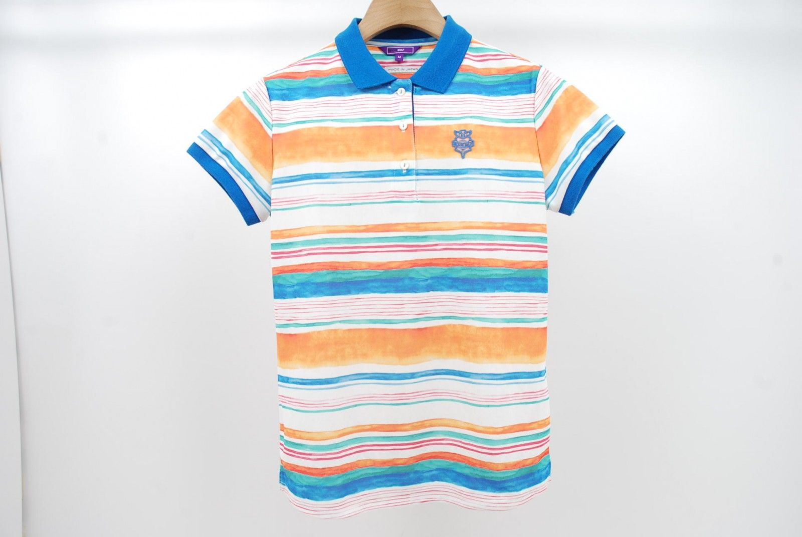 中古 レディース ビームスゴルフ BEAMSGOLF 半袖ポロシャツ M 白×青×オレンジ ボーダー