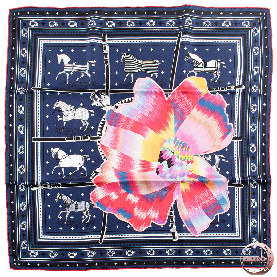 HERMES エルメス カレ55 Bandana Fleuris Upcycle Couvertures et Tenues de Jour Bandana 馬着 バンダナ 京都マーブル 043710SU 02 スカーフ ネイビー マルチ