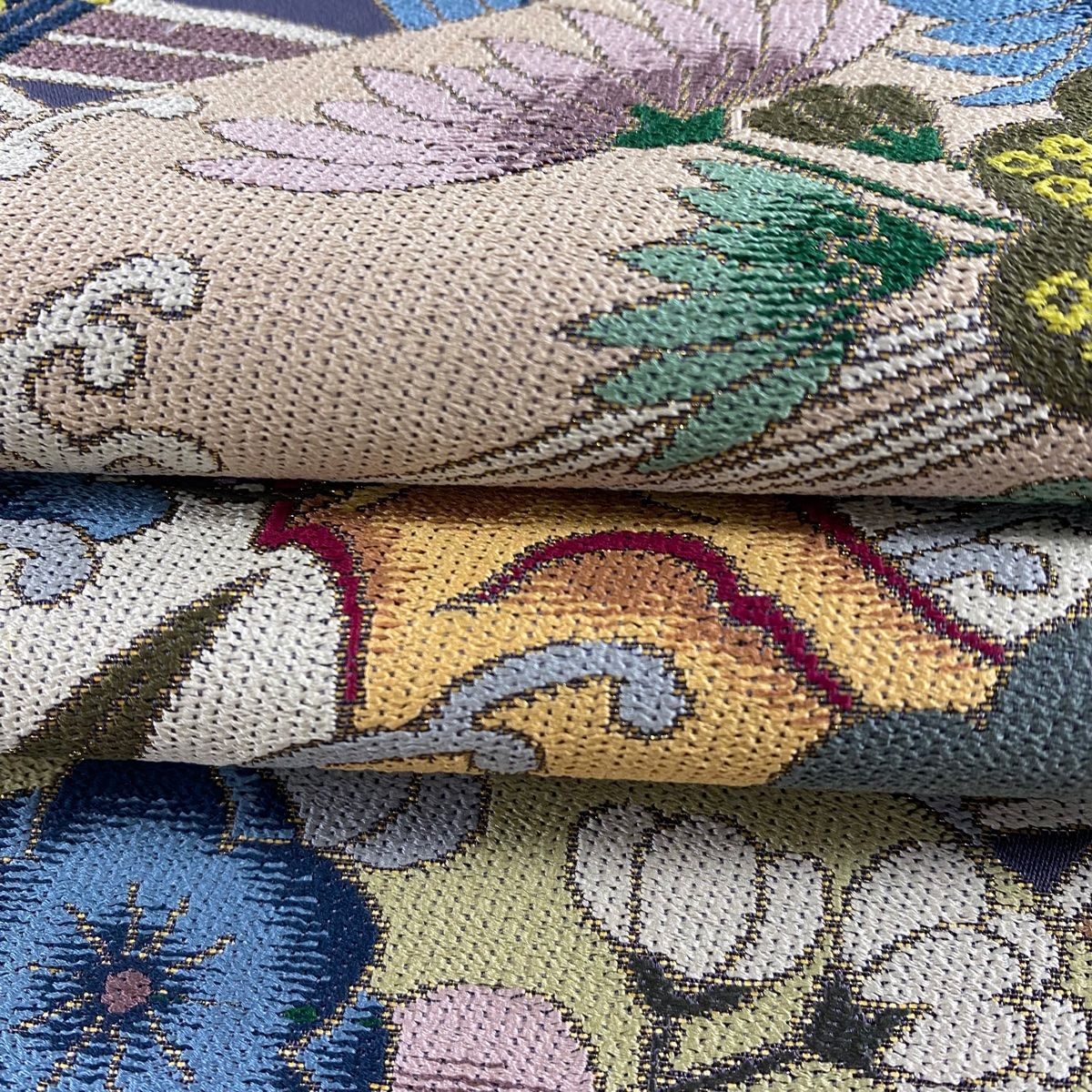袋帯 美品 逸品 白綾苑大庭 落款 松竹梅 扇面 箔 刺繍 紫 六通 正絹 