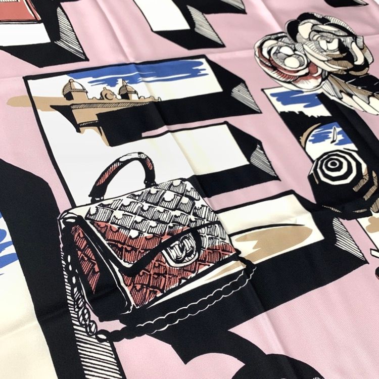 未使用品 CHANEL シャネル シルク スカーフ ピンク ロゴ