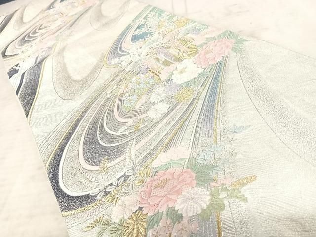 博多織 正絹 半幅帯 黒地 灰白花唐草紋様 仕立て上がり 未使用 証紙 金ラベル 平和屋着物◎六通柄 本袋帯 唐織 更紗花文 黒地 金銀糸 正絹