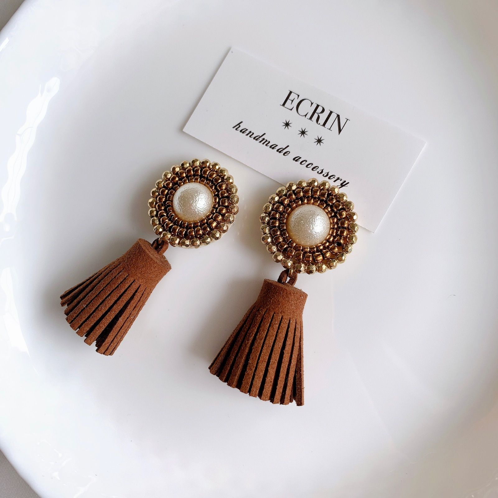 1511】パール ゴールド ビーズ刺繍 ブラウン タッセル ハンドメイド 