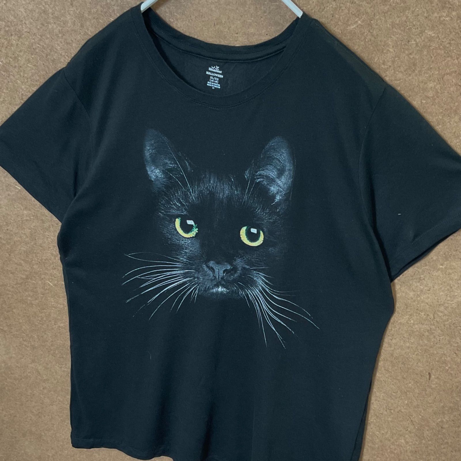 US古着 アニマルプリント ネコねこ猫 ビッグサイズ半袖tシャツ黒XL 