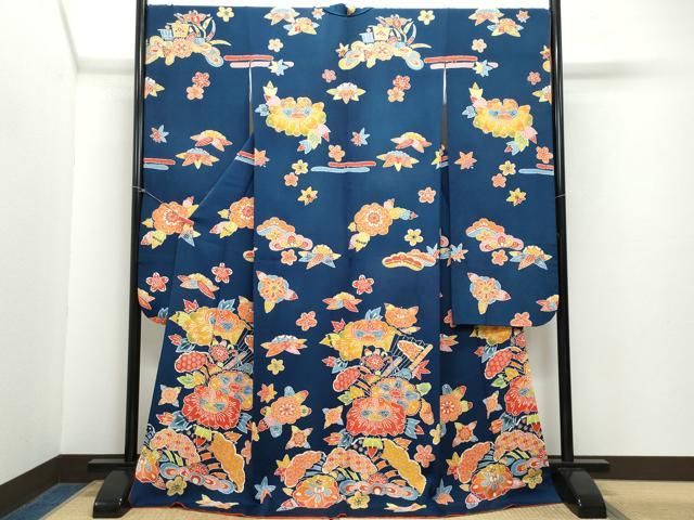 平和屋着物●豪華振袖 型染め 檜扇草花文 鬼しぼ縮緬 ロング丈 正絹 CAAZ0821vf