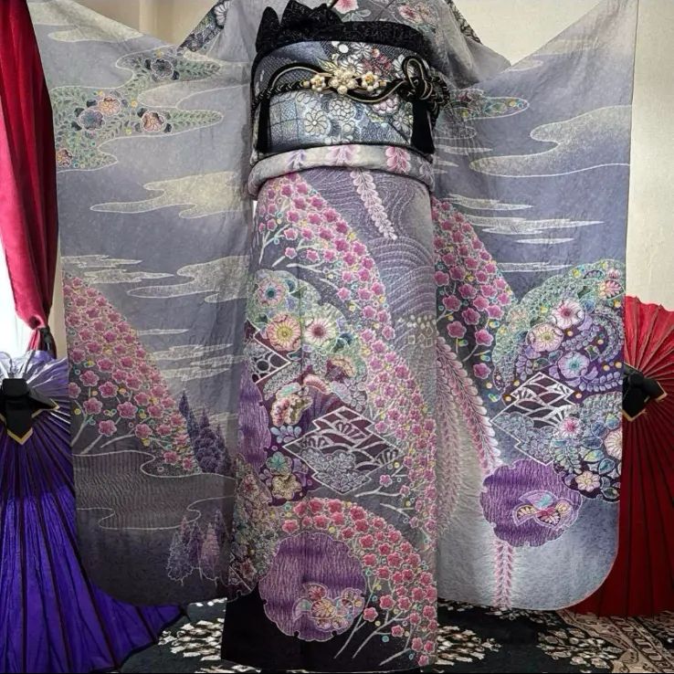 豪華振袖 長襦袢 半衿 (3点セット)極上・辻が花・絞り・銀通しFS47