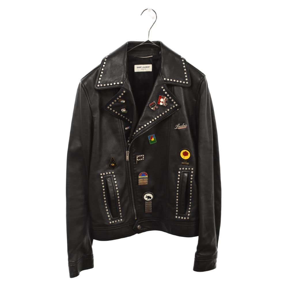 SAINT LAURENT PARIS (サンローランパリ) 18AW マルチピンバッジモーターサイクルレザージャケット  スタッズレザーダブルライダースジャケット ブラック