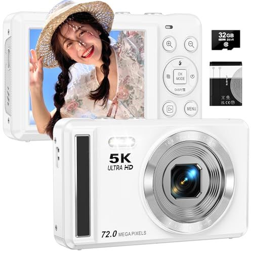 デジタルカメラ 5K 7200万画素 デジカメ 2.8 インチスクリーン 16 倍デジタルズーム オートフォーカス 近接撮影 定時撮影 内蔵フラッシュ 自撮り 32GBマイクロSDカード付き ウェブカメラ コンパクトVLOG 軽量 携帯便利 初心者 カメラmp