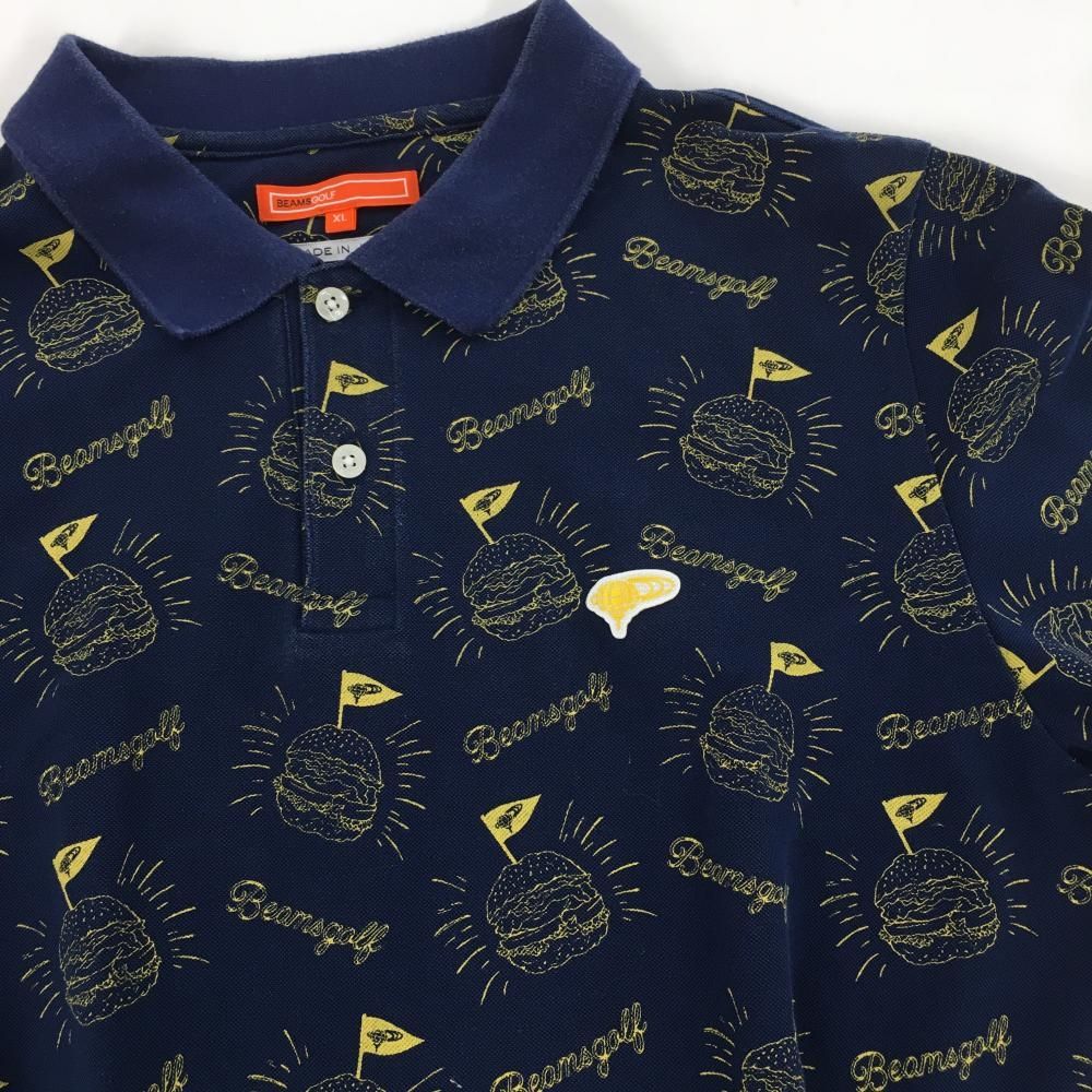 BEAMS GOLF ハンバーガー柄　ポロシャツ M ビームスゴルフ ビームスゴルフ 半袖ポロシャツ ネイビー×イエロー ハンバーガー柄