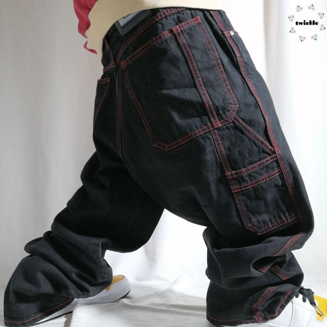 Y2Kヒップホップ極太バギーペインターパンツブラックデニムW40黒古着 