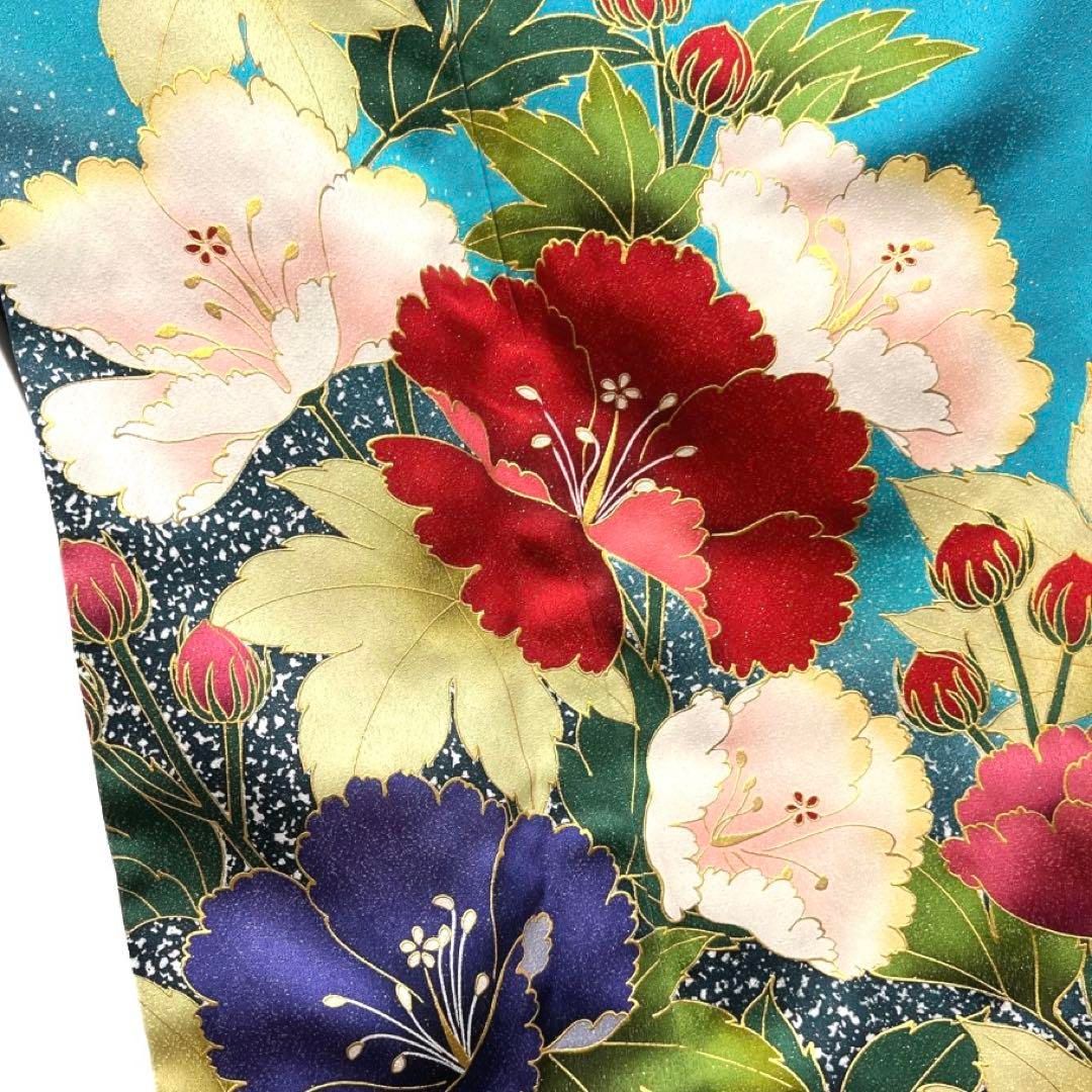 暖色振袖　金彩　芙蓉　ナイルブルー　金通し　成人式　晴れの日　着物　053a d 暖色振袖 金彩 芙蓉 ナイルブルー 金通し 成人式 晴れの日 着物