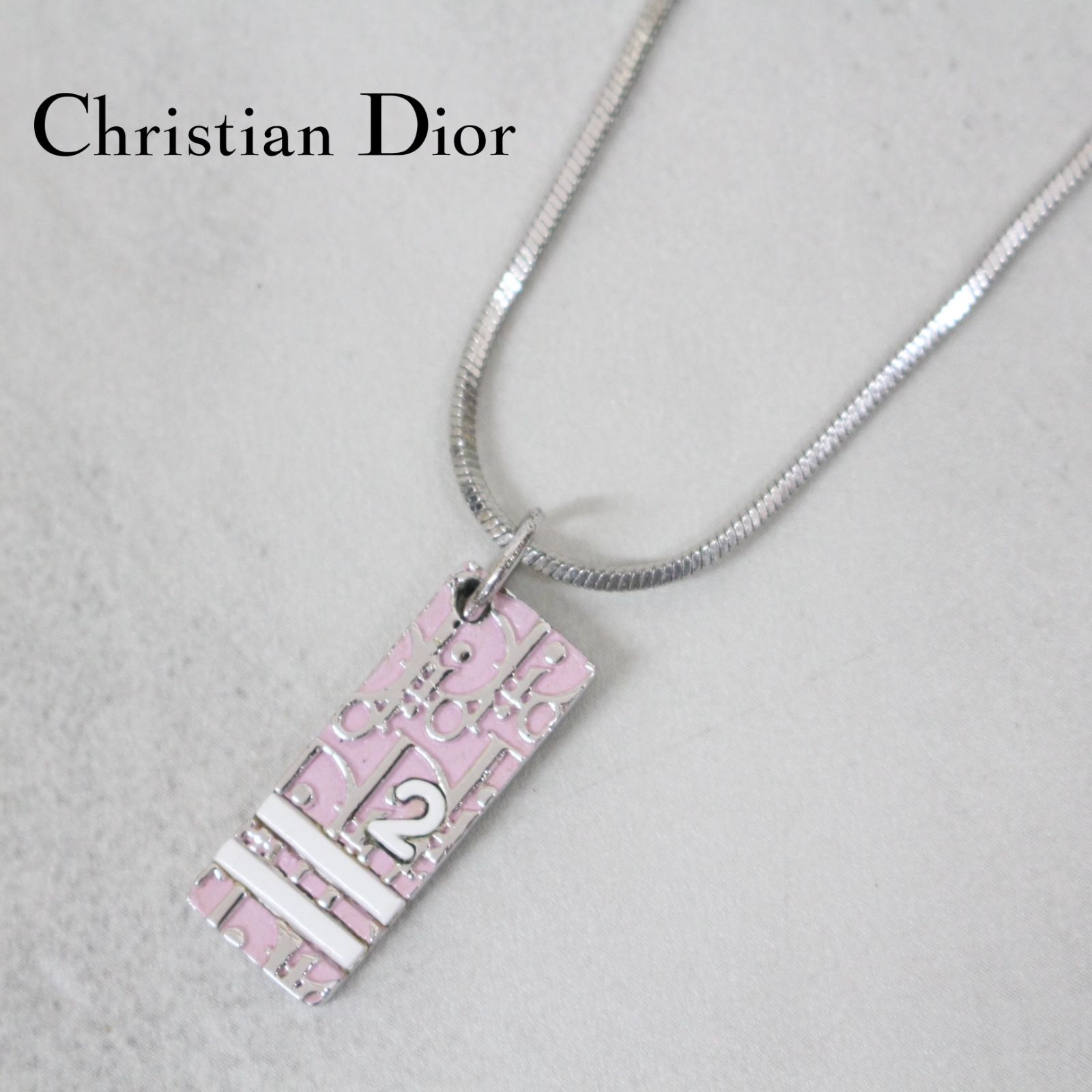 S114)Christian Dior ロゴプレート ネックレス No.2 トロッター ピンク ペンダント シルバー メッキ アクセサリー  クリスチャンディオール レディース