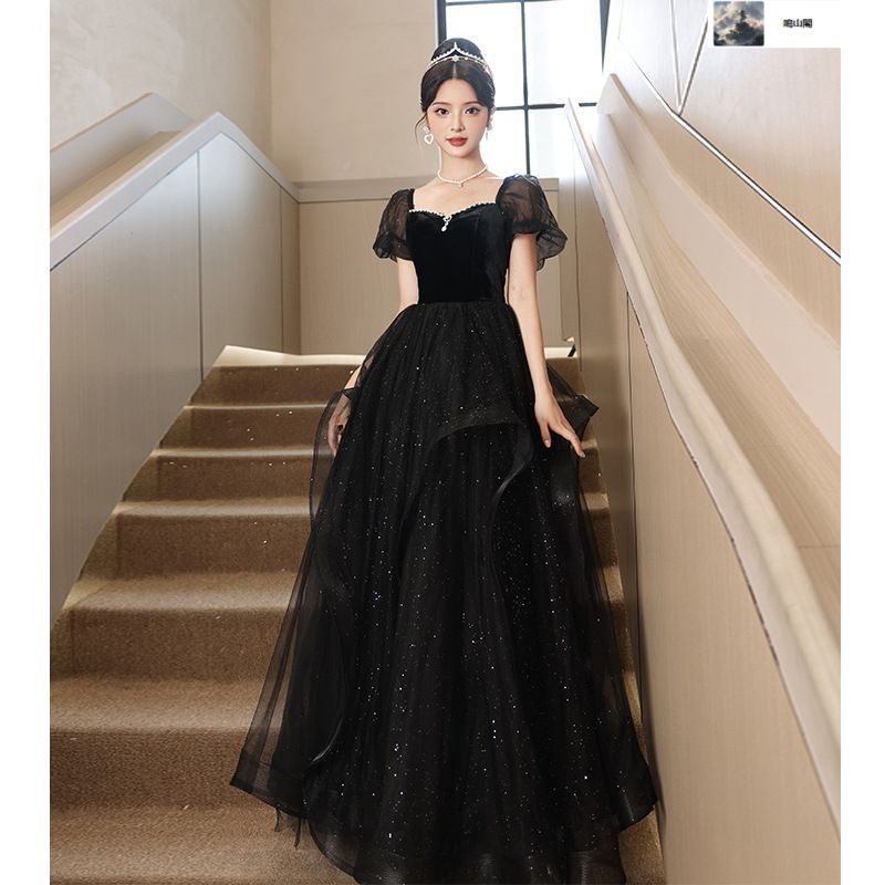 パーティードレス ロング 袖あり ロングドレス 黒 結婚式 お呼ばれ ドレス 演奏会 袖付き 花嫁ドレス フォーマルワンピース Aライン ボリューム袖 卒業式 入学式 シンプル 20代 30代 40代 DZ30